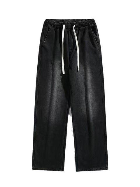 American-Style Trendy Brand Jeans for Men, 2025 Spring/Summer New Washed High-Street Elastic Waist Casual Straight Wide-Leg Pants