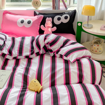 Ins style red and black striped bed four-piece set big eye quilt cover student dormitory bed sheet three-piece set non-pure cotton
