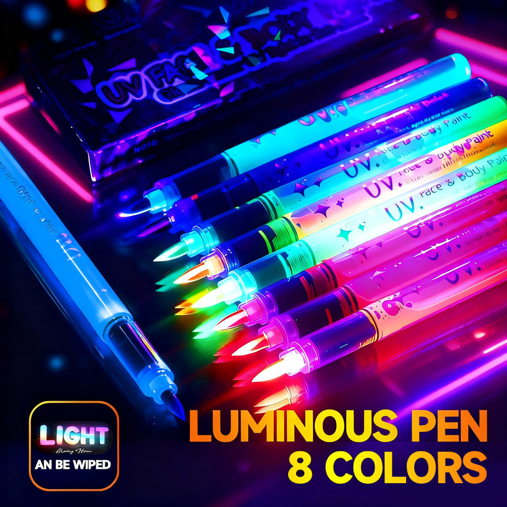 Halloween Glowing Fluorescent Pens for Students, Colorful Tip Pens with High Aesthetic Appeal, Instagram-Style Luminous Body Painting Pens, Washable Face Graffiti Makeup Pens, Erasable Festival Party Atmosphere Glow Pens