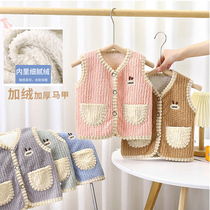 Autumn and winter childrens double-sided velvet vest baby plus velvet thickened outer wear baby fashionable warm waistcoat Korean cardigan