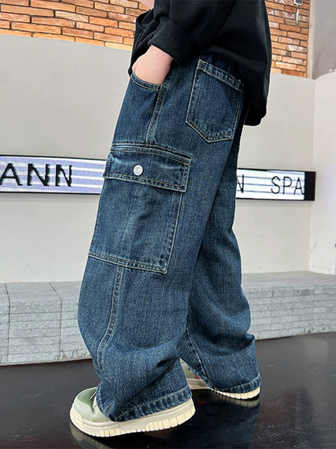 Boys' Wide-Leg Jeans 2026 New Spring and Autumn Straight-Leg Cargo Pants for Older Children, Cool and Stylish Loose Pants for Autumn