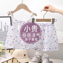 Suspender suit for girls summer oil painting style new suspender culottes two-piece set internet celebrity baby girl western style vest skirt