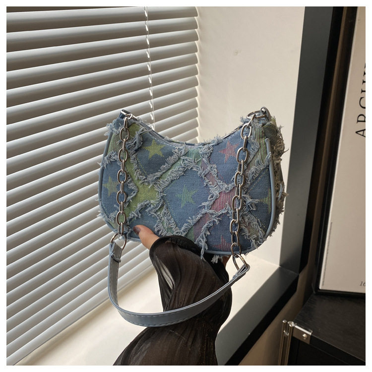 Сумка на одно плечо, сумка подмышку, сумка через плечо, джинсовая универсальная цепь, небольшая небольшая сумка Jifanpaul/Ji Fan Paul 