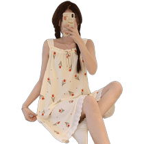 2024 new summer woven bubble cotton ladies cartoon cute suspender nightgown sleeveless one-piece dress home wear