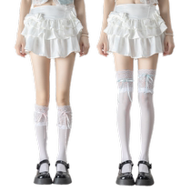 Bow white silk over-the-knee socks for women lolita ballet style lace stockings jk pure desire Japanese lace calf socks