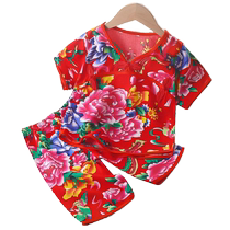 Summer short-sleeved cotton and silk home clothes suit Chinese style girls Hanfu Northeast big flower big childrens Tang suit two-piece set