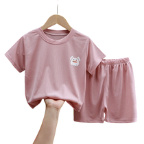 Childrens short-sleeved suit summer pajamas for boys and girls casual ice silk T-shirt shorts two-piece set baby girl home clothes