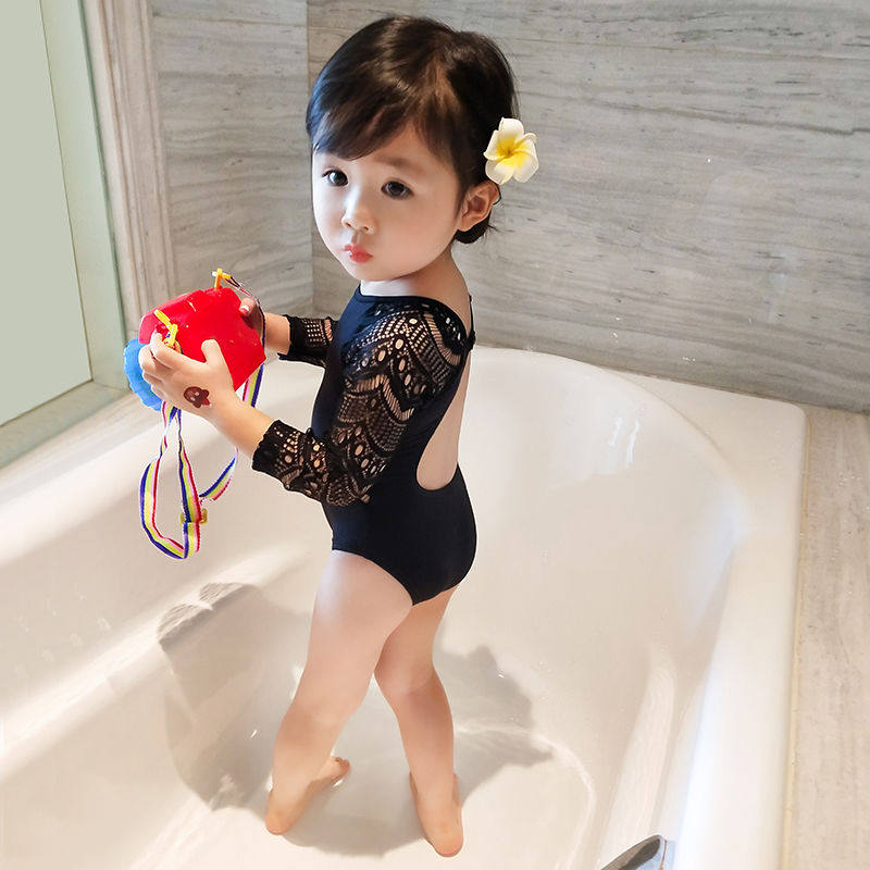 Girls swimsuit children's wear new summer princess one-piece black lace children's swimsuit girls baby long sleeves swimsuit