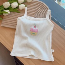 Girls camisole candy color summer dress 2024 baby girl sleeveless top cartoon embroidered knitted slim fit elastic vest