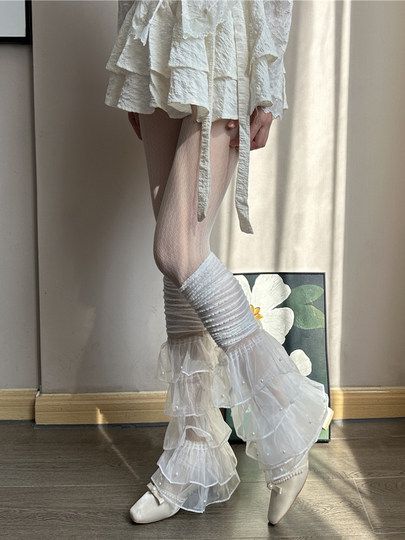 腿套辣妹夏季白色千禧亚文化y2k阔腿袜套甜辣洛丽塔喇叭小腿日系