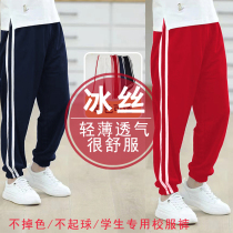 Primary school uniforms Pants Two Bars Red Long Pants Boy Summer Ice Silk Thin Girl Sports Pants Hide Blue