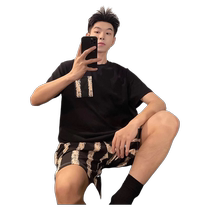 Mens pajamas 2024 summer pull-up solid color round neck shorts plaid can be worn outside large size Korean style home wear set