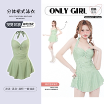 Japanese sweet one-piece swimsuit womens summer small fresh plaid halter neck cute conservative Korean student hot spring swimsuit