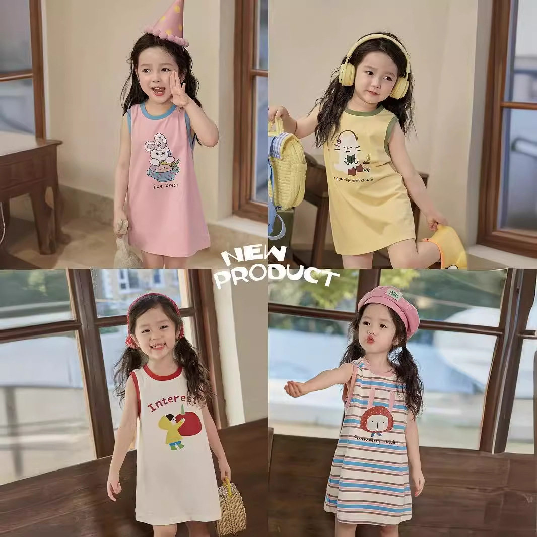 Girls Dress Summer Baby Girl Pure Cotton Sleeveless Tank Top Mid-Length Cartoon Medium and Large Children Casual T-Shirt Dress