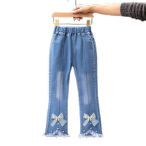 Childrens Jeans 2024 New Girls Casual Pants Medium and Large Childrens Style Korean Style Baby Spring and Autumn Jeans