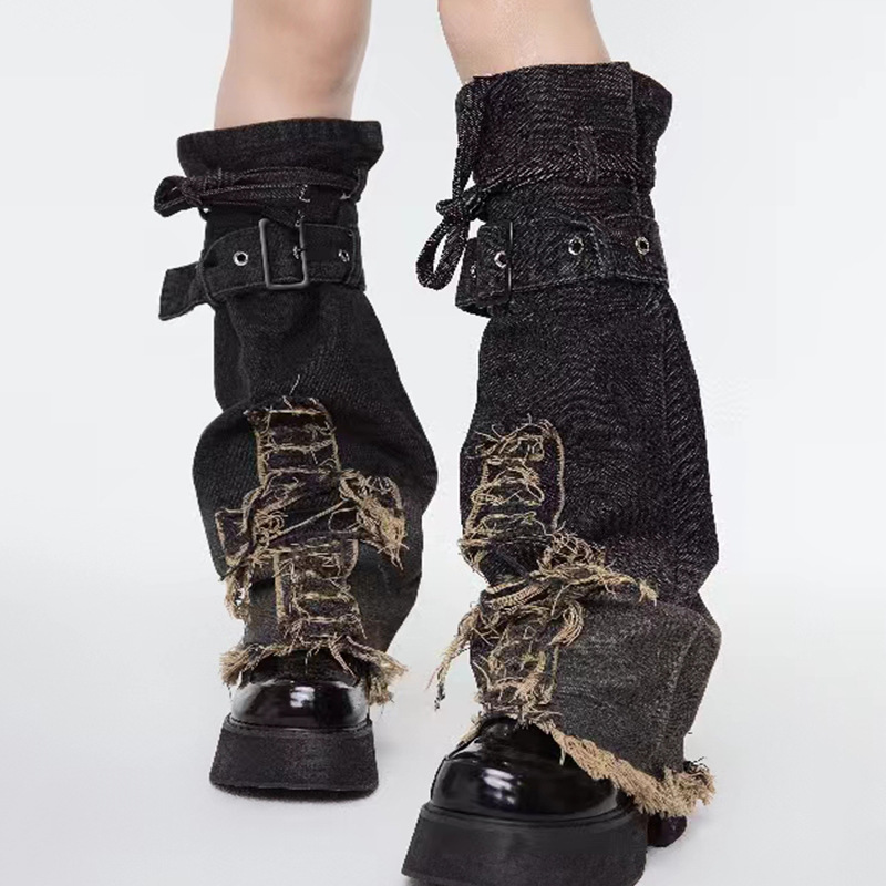 フレアデニムレッグカバー、Y2Kサブカルチャー、パンク、女性用ワイドレッグソックス、ミレニアル世代のホットな女性、オートバイ用ストラップ付きブーツカバー
