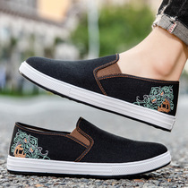 Spring new style Chinese style embroidered mens canvas shoes soft sole soft surface non-slip wear-resistant mugwort mat slip-on cloth shoes