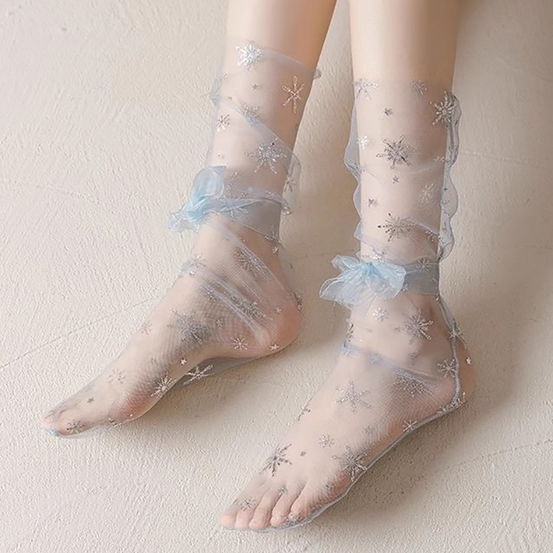 French-Style Mesh Socks for Women, Ultra-Thin Transparent Fairy Socks with Bowknot, Star-Patterned Japanese Sweet Style