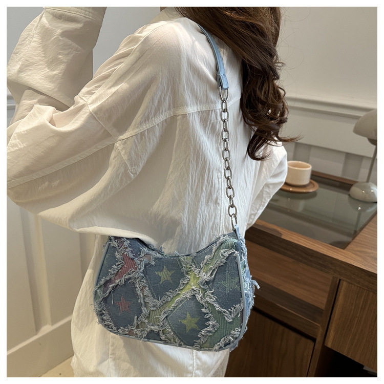 Сумка на одно плечо, сумка подмышку, сумка через плечо, джинсовая универсальная цепь, небольшая небольшая сумка Jifanpaul/Ji Fan Paul 