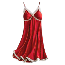 Sexy suspender nightgown for women summer thin style with chest pad ice silk lace Korean version seductive silk pajamas home wear