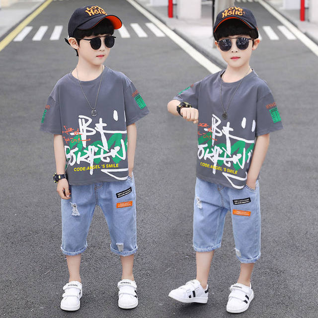 Children's clothing boys summer suit 2024 new summer Internet celebrity denim boy handsome and stylish short-sleeved two-piece set