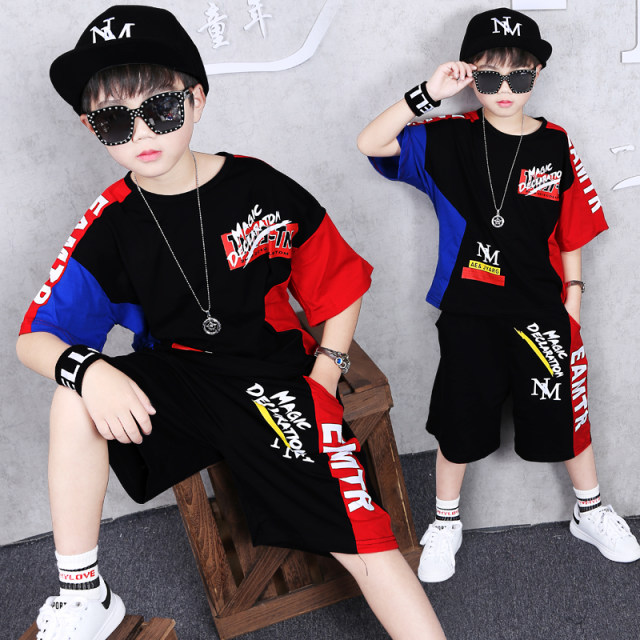 Boys Breathable Suit Summer Clothing 2024 New Summer Street Big Children's Sportswear Pure Cotton Short-Sleeved Suit Children's Clothing