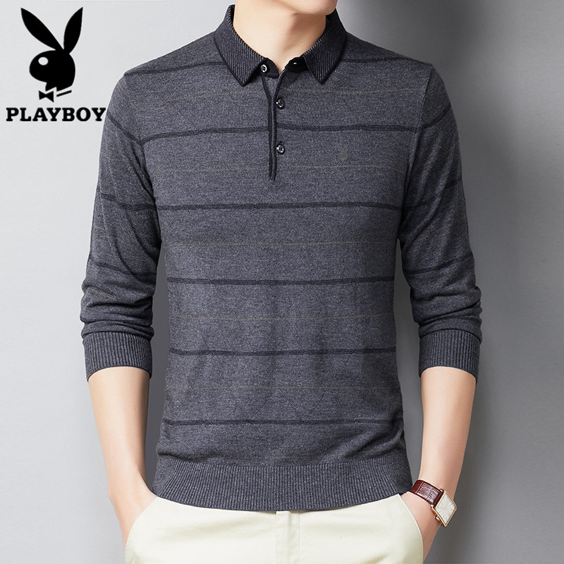 Playboy trung niên nam dài tay áo thun đùi cổ áo mùa xuân mùa thu cha knitsweater nam sọc chạm đáy.