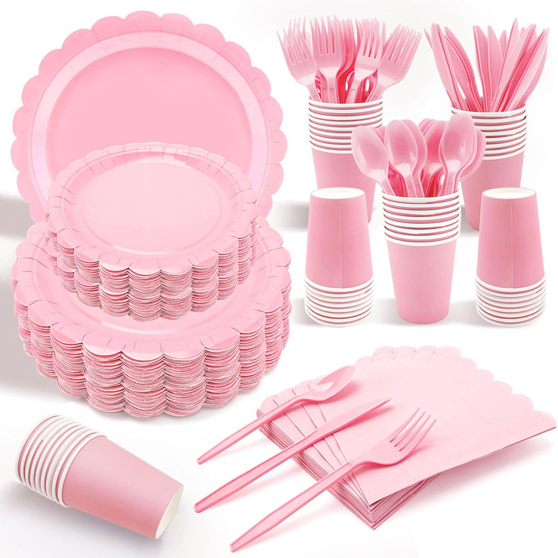 Cross-Border Solid Color Lace Disposable Dinner Plates Light Pink Tableware Set Cherry Pink Birthday Party Paper Plates and Napkins