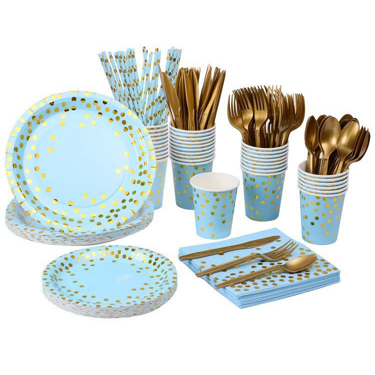 Disposable environmentally friendly paper tableware blue gold dot set