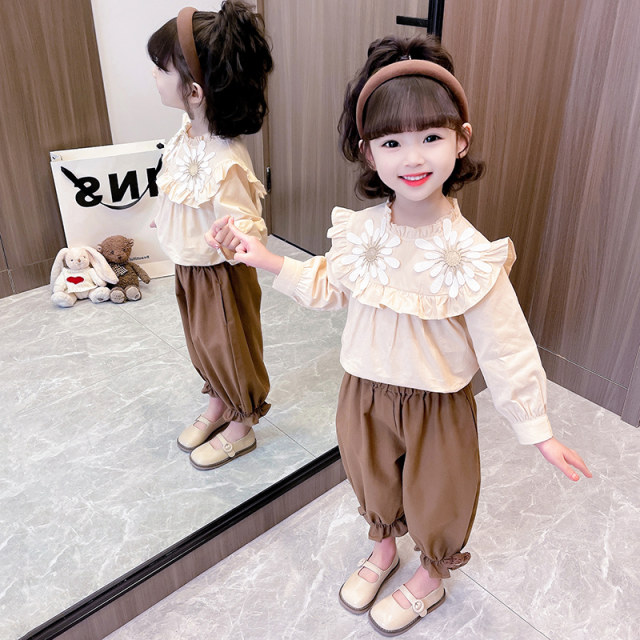 Girls' spring clothes and children's suits 2023 new spring and autumn clothes for girls, foreign style, Korean style, shirts, casual pants, two-piece set