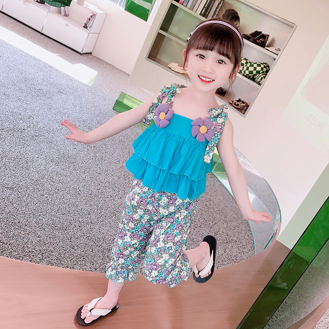 Girls' three-dimensional flower sling suit summer 2022 new children's floral two-piece set little girl baby summer dress