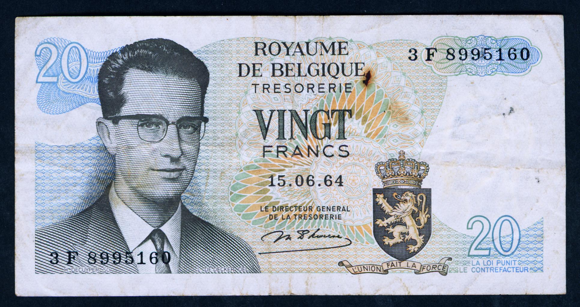 比利時1964年版 20法郎 (國王 博杜安一世)7成以上品相！票面銹點 紙鈔 錢幣 紀念鈔【奇摩優選】