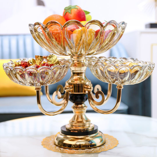 Plato de fruta de múltiples capas de vidrio simple y moderno, mesa de café para sala de estar en casa, bocadillos ligeros de lujo para celebridades de Internet, plato de frutas secas con tapa