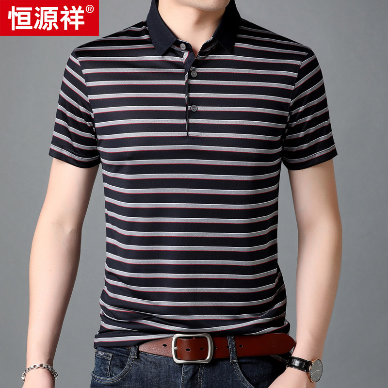 Hengyuan xiang mulberry silk short-sleeved t-shirt men's lapel thin ice silk stripes young and middle-aged men's dad POLO shirt