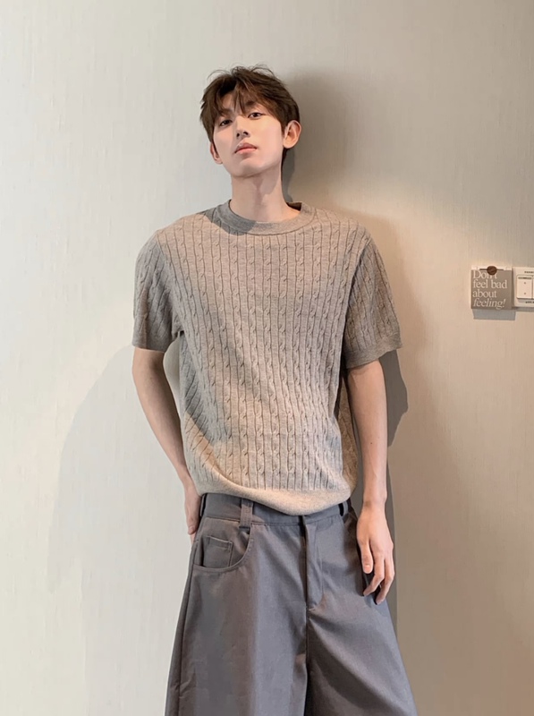 Hn/26Ss [Twist Knit] Old Money Style Round Neck Short Sleeve T-Shirt for Men, Solid Color Versatile Casual Korean Style Half Sleeve