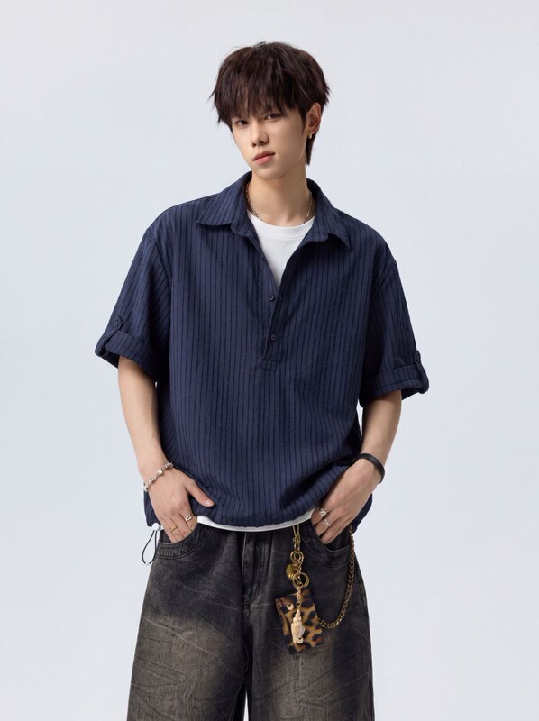 Hn26S【Fake Two-Piece Polo Shirt】Summer Striped Loose Short-Sleeve Unisex Versatile Adjustable Hem T-Shirt