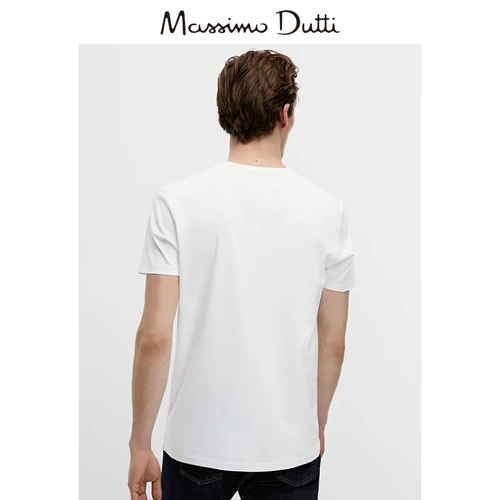 Massimo Dutti Мужская версия для отдыха базовая модель простой хлопковой круглой шеи с короткой шеей -белый T -Fish 01404204250