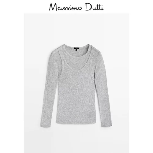 Massimo Dutti, осенний минималистичный дизайнерский лонгслив для отдыха, приятная телу футболка, 2023, облегающий крой, тренд сезона