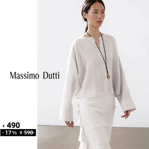 Новый сезон, специальная женская одежда MassimoDutti, осень 2025, новая льняная рубашка во французском стиле с круглым вырезом и длинными рукавами, топ 05157964712