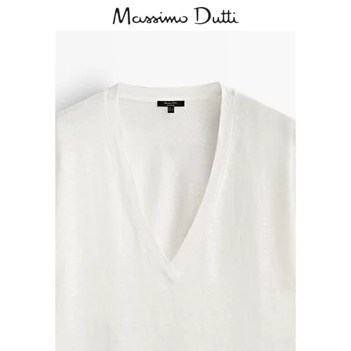 Massimo Dutti, демисезонная белая модная футболка с коротким рукавом для отдыха, V-образный вырез