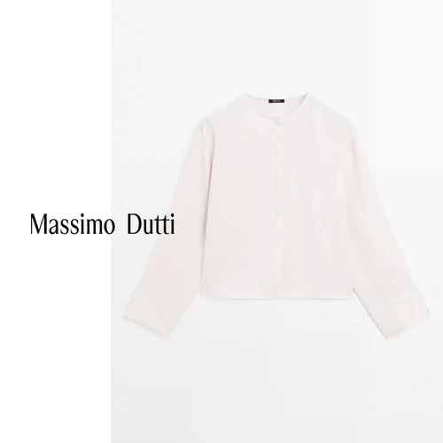 Новый сезон, специальная женская одежда MassimoDutti, осень 2025, новая льняная рубашка во французском стиле с круглым вырезом и длинными рукавами, топ 05157964712