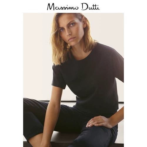 Massimo Dutti Женская черная круглая шея базовая классическая классическая универсальная хлопковая манатка на свободных коротких рукавах 06812902800
