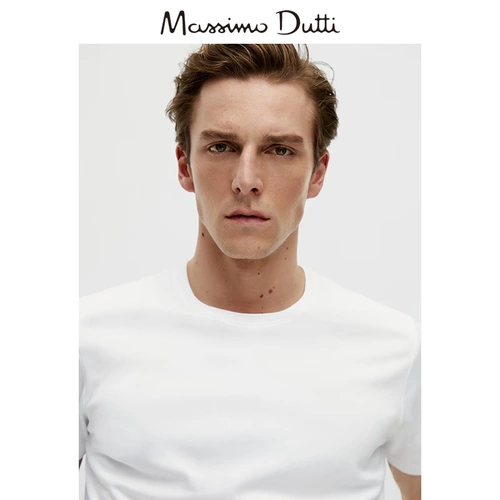 Massimo Dutti Мужская версия для отдыха базовая модель простой хлопковой круглой шеи с короткой шеей -белый T -Fish 01404204250