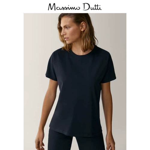 Massimo Dutti Женская черная круглая шея базовая классическая классическая универсальная хлопковая манатка на свободных коротких рукавах 06812902800