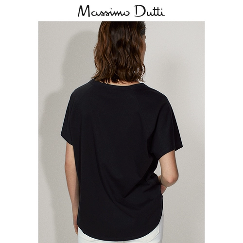 Massimo Dutti Женская черная круглая шея базовая классическая классическая универсальная хлопковая манатка на свободных коротких рукавах 06812902800