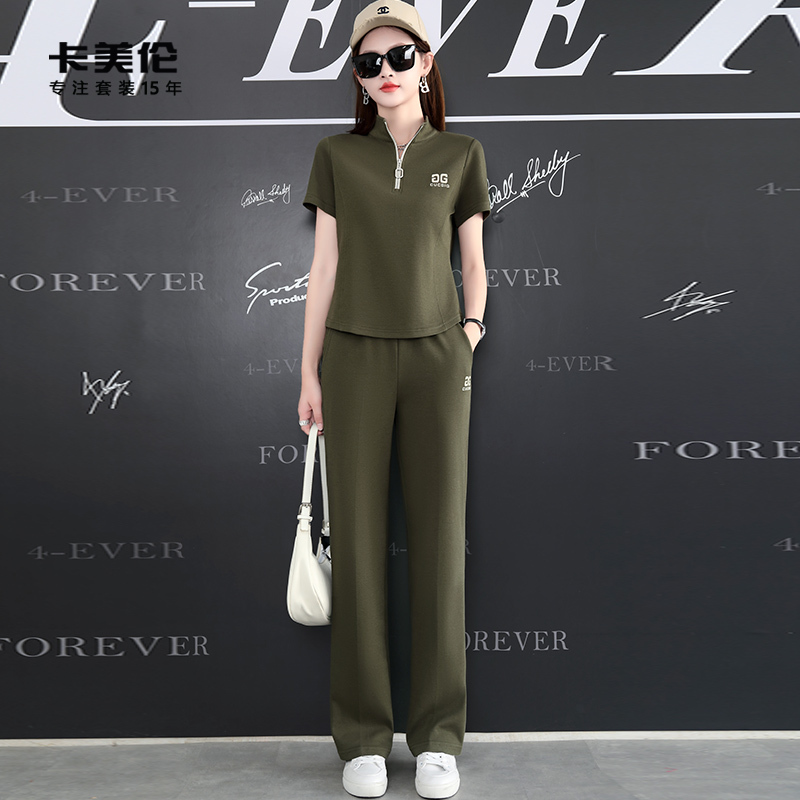 Casual Sports Suit for Women, Summer Wear 2026 New Style, Stylish Ice Silk Cotton Stand-Up Collar Short-Sleeve Pullover with Wide-Leg Pants Two-Piece Set Casual Sports Suit for Women, Summer Wear 2026 New Style, Stylish Ice Silk Cotton Stand-Up Collar Short-Sleeve Pullover with Wide-Leg Pants Two-Piece Set