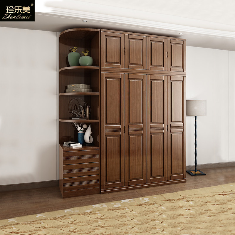 Zhenlemei walnut solid wood wardrobe modern minimalist four-door assembly storage cabinet large-capacity wardrobe bedroom furniture