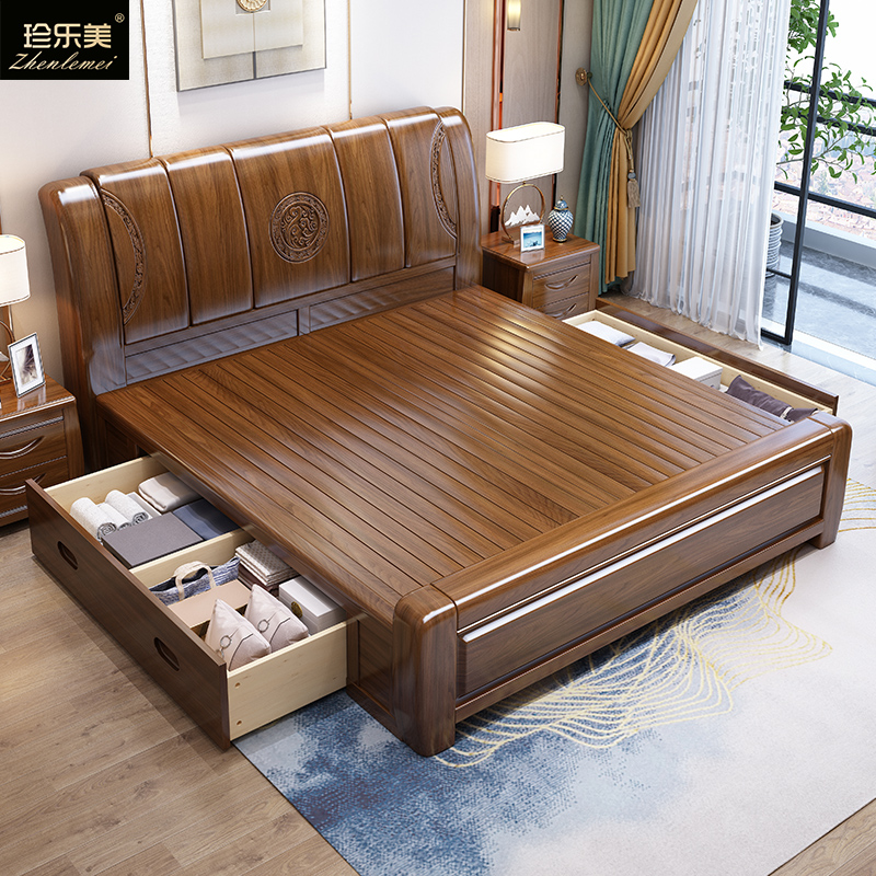 Gold silk walnut solid wood bed 18 meters Chinese style double bed modern minimalist master bedroom wedding bed high box storage big bed