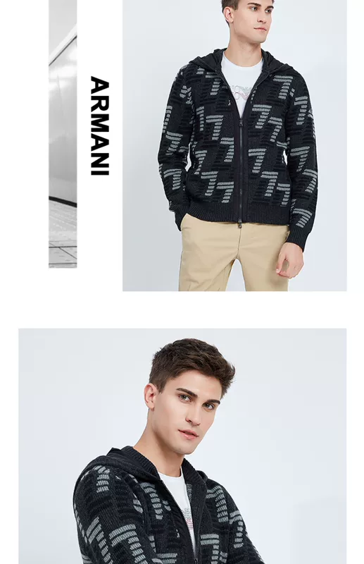 Áo khoác nam chính hãng Armani / Armani Logo EA7 Áo len len trùm đầu cho nam Áo len giản dị - Cardigan