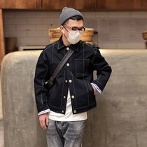 Design sense stitching denim jacket mens American trend tooling lapel loose jacket all-match casual autumn tops